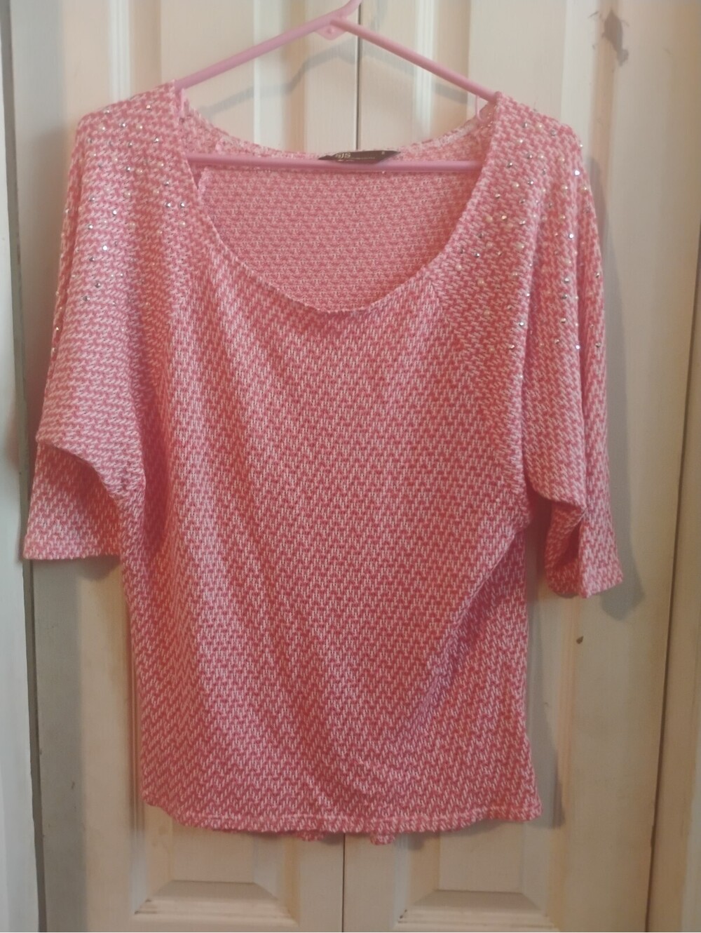 SJS Coral Pink White Knit Rhinestone Pearl Embellished Dolman Sleeve Top Small